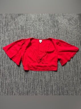 a new day Red Tie-Front Linen Crop Top Flutter Sleeves Size Medium Summer Vacay